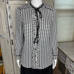 Zara Basic Black White Houndstooth Long Sleeve Button Down Blouse Top Size XS